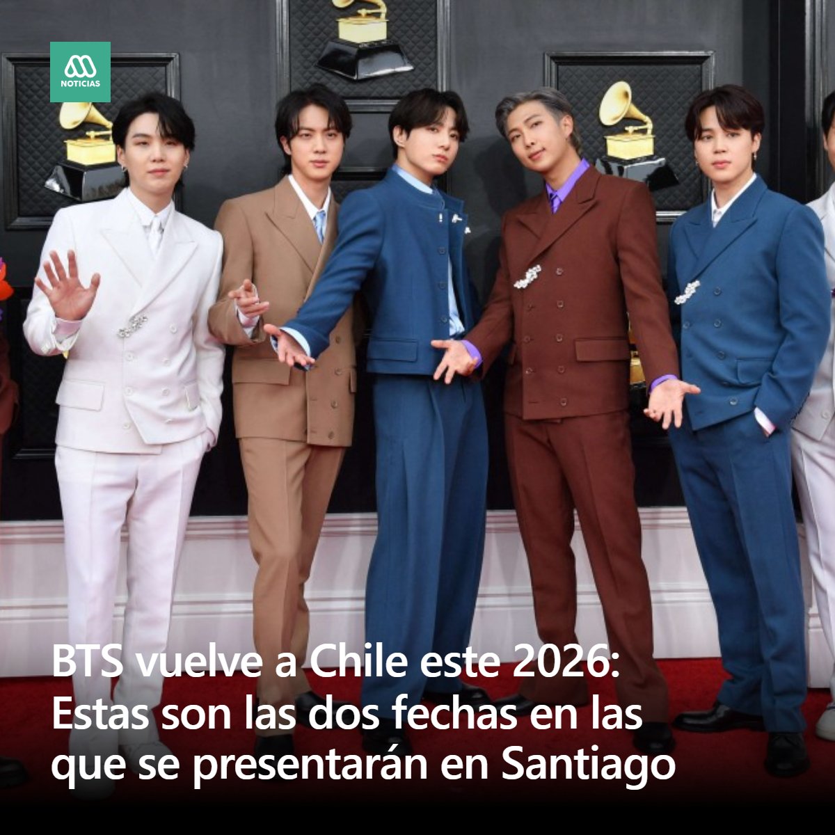meganoticiascl's tweet photo. Tras un largo tiempo sin pisar escenarios debido al servicio militar y el inicio de carreras solistas, el grupo surcoreano BTS anunció su regreso con una gira mundial que incluye a Chile. https://t.co/S9H8ClqEEb