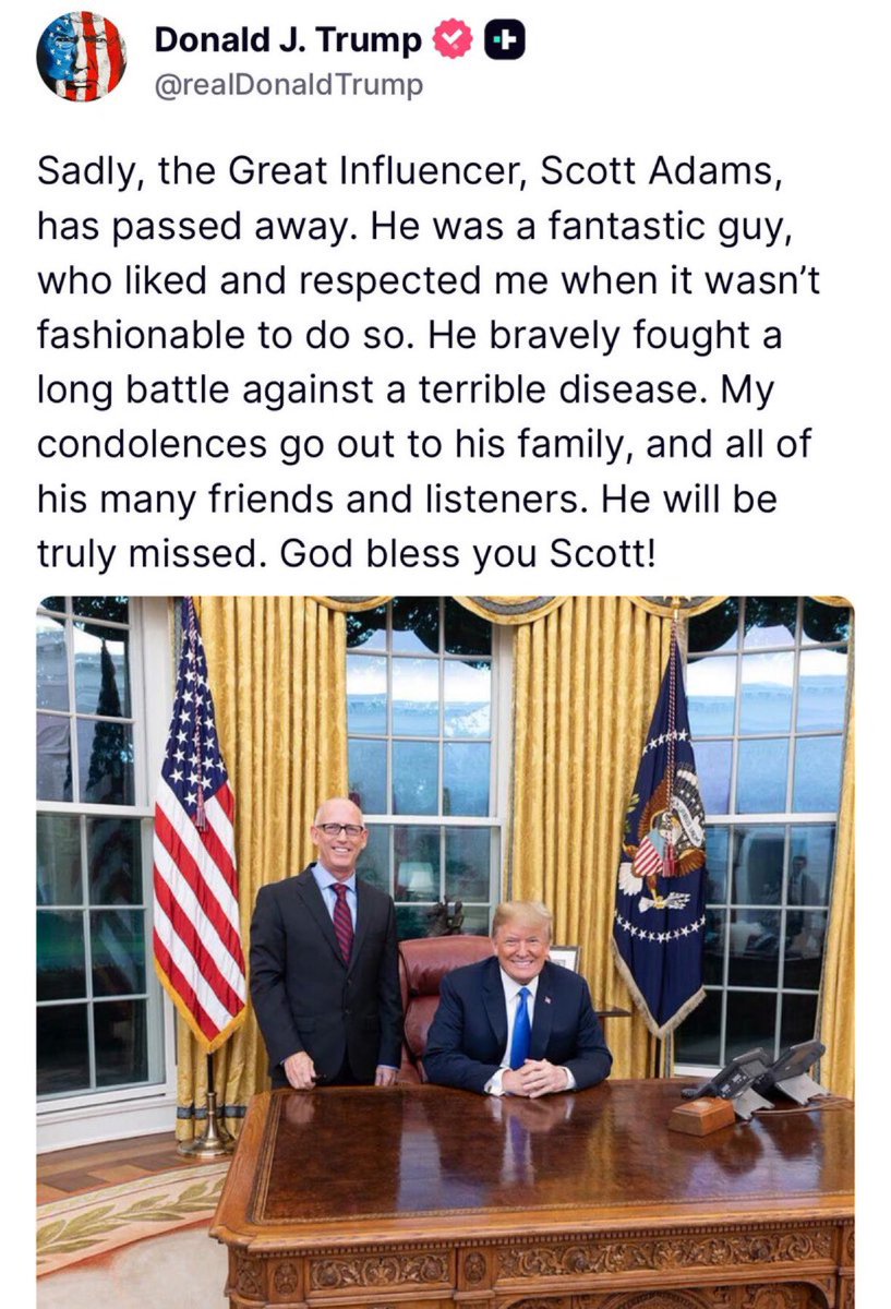 Breaking911's tweet image. President Trump on the passing of Scott Adams: