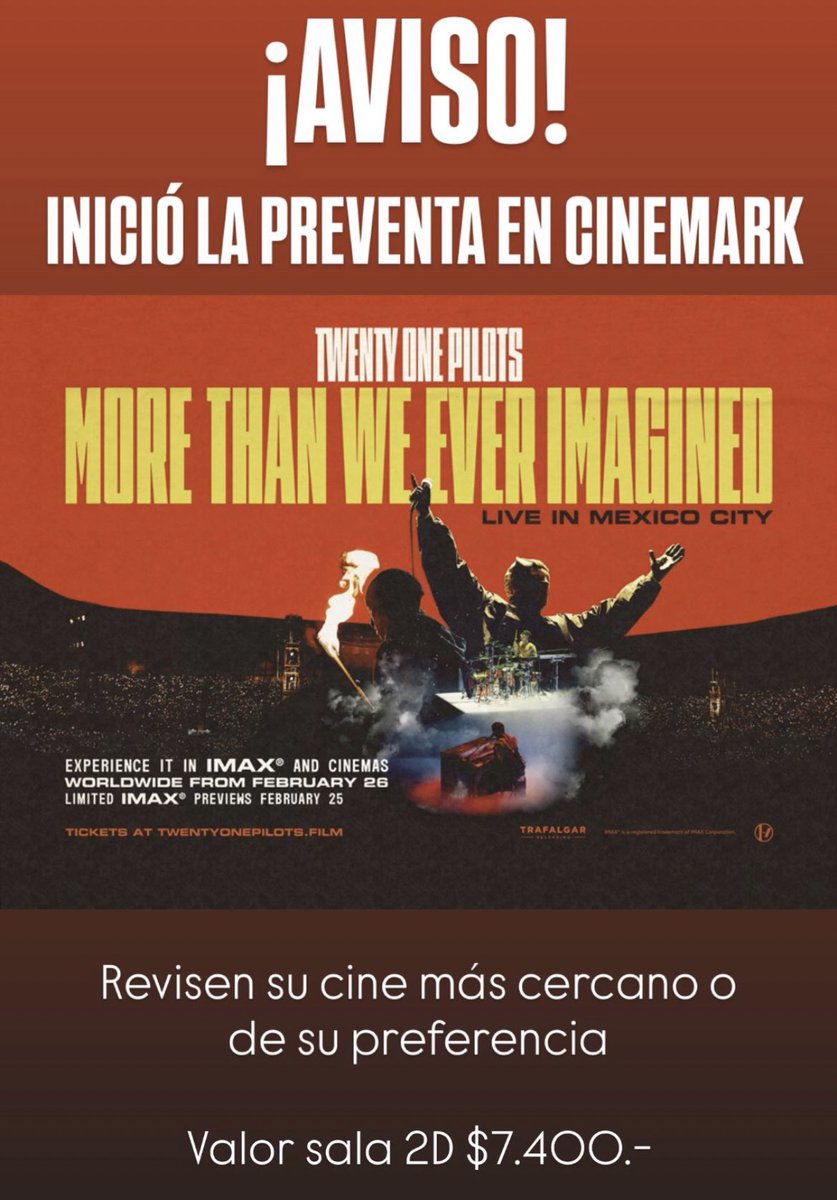 Preventa Cinemark 🇨🇱 ya disponible #twentyonepilots #MTWEI