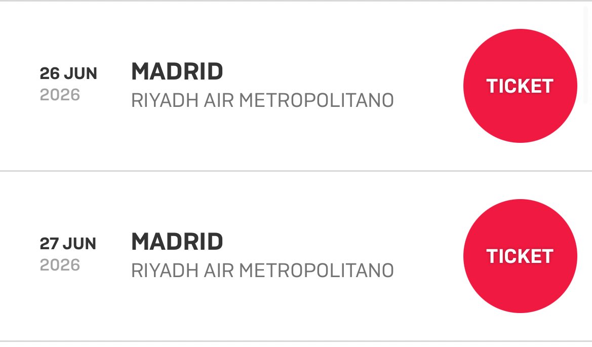 JJUNGKOOK_mona's tweet image. 2026 BTS 월드투어 6월 26일,27일 총 2일간 스페인 마드리드에서 열리는 ‘리야드 에어 메트로 폴리타노’ 스타디움은 총 수용인원 7만명이래ㅠㅠㅠㅠㅠ