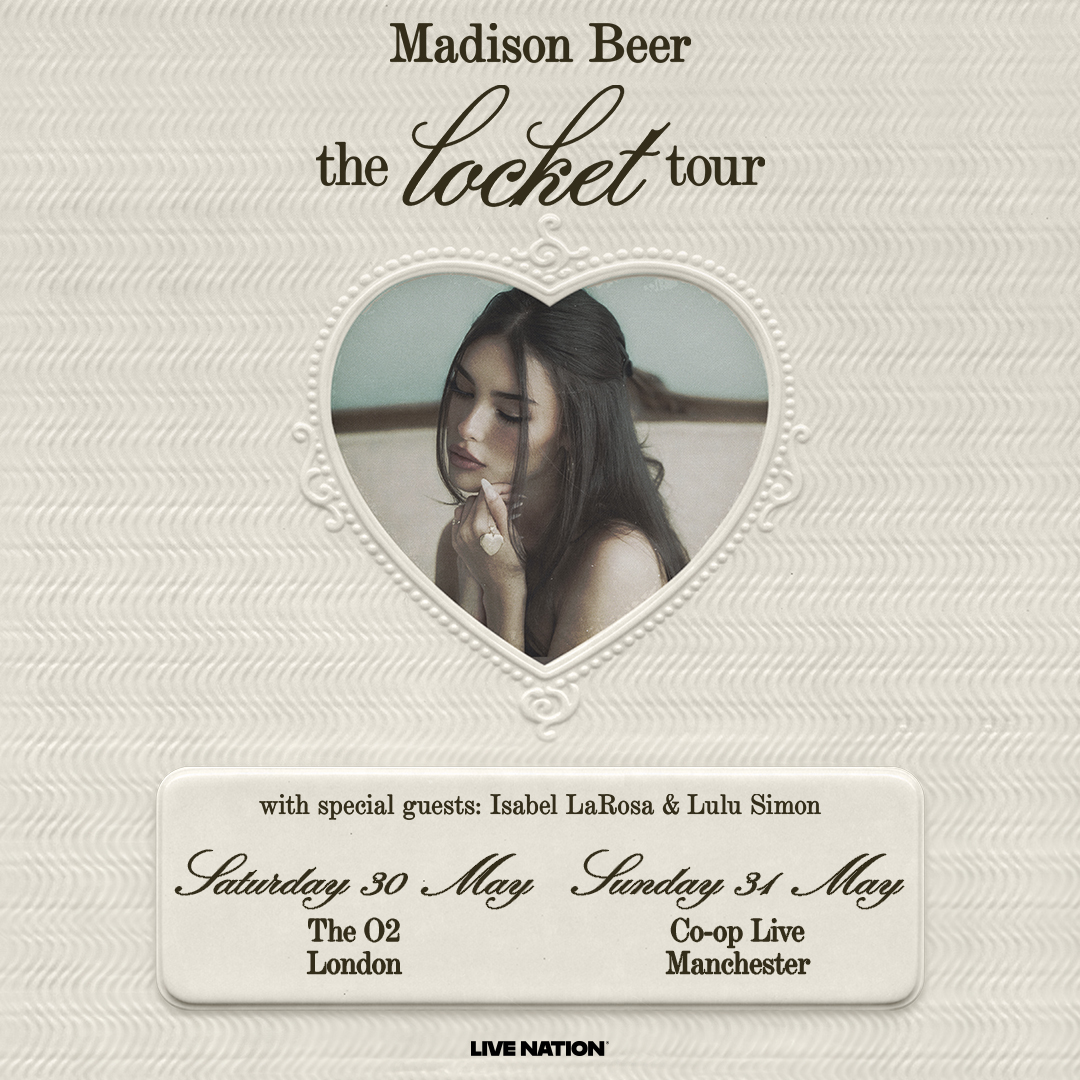 TicketmasterUK's tweet image. Two-time GRAMMY-nominated and platinum-selling artist Madison Beer returns to the UK in May as part of 'the locket tour', plus very special guests Isabel LaRosa and Lulu Simon. 🔊

Pre-order 'locket' for early access to tickets 👉 bit.ly/4sEGCKo