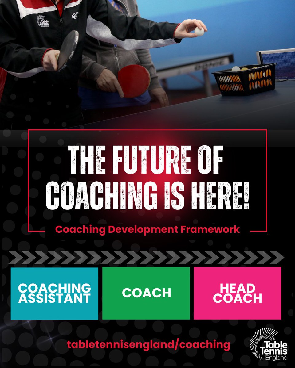 TableTennisENG's tweet photo. Table Tennis England has launched its new Coaching Development Framework and coaching pathway, reflecting the ways in which coaches learn and the contexts in which they deliver 🏓

This new approach will enable coaches to tailor their development within their qualification through CPD, as well as progress along the pathway. The courses delivered throughout the year will be targeted to specific settings, enabling community coaches and performance coaches alike to identify the opportunities that are most relevant to them and the players they coach 👏 

Find out more detail on the latest coaching updates, CPD opportunities and courses, and a chance to sign up to a Q&A session all focused around coaching, follow the link below ⤵️
https://t.co/roDnGjhifs