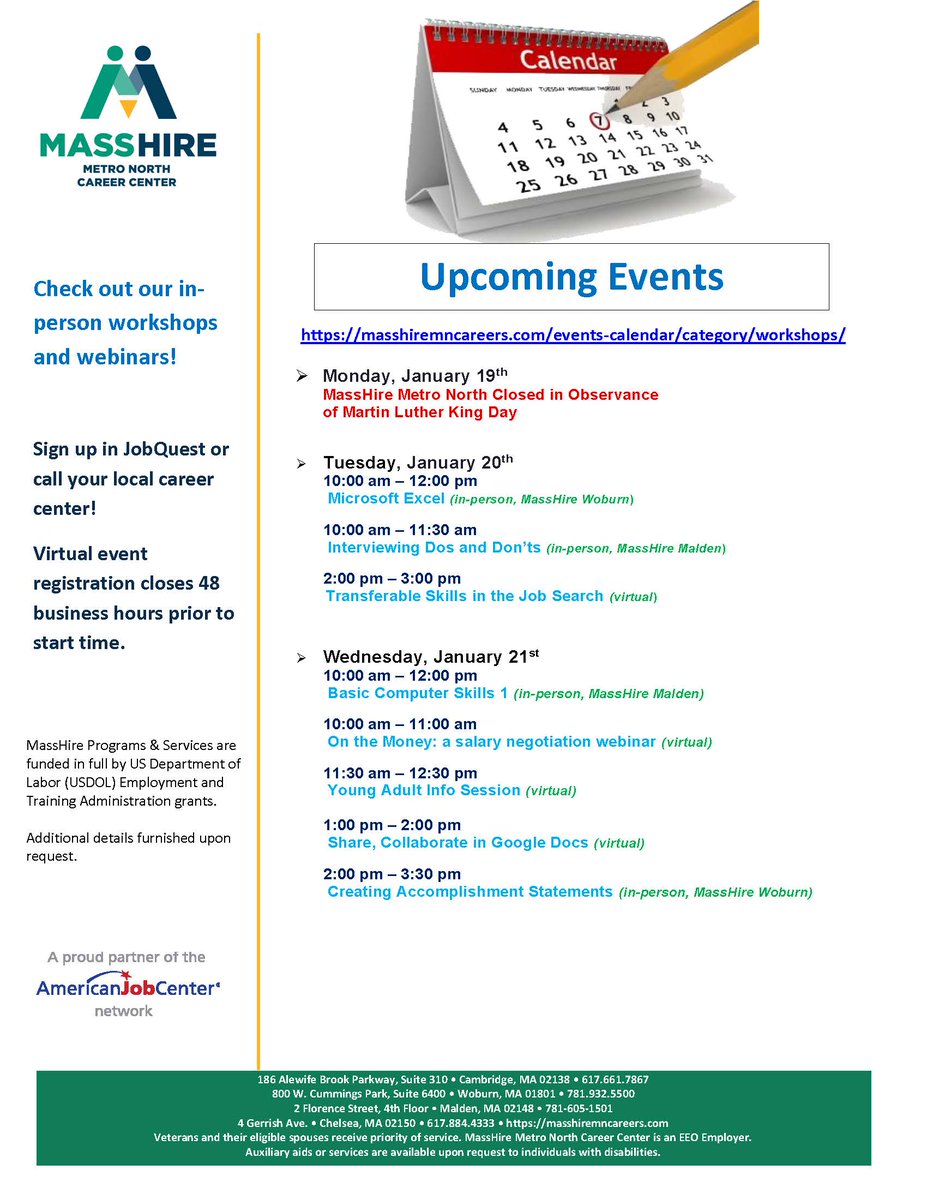 masshiremncc's tweet photo. #masshiremetronorth #careers #workshops #masshire
Check out next week's workshops!  Sign-up here.  https://t.co/zJVwP7awZR https://t.co/8eBhc8ATaQ