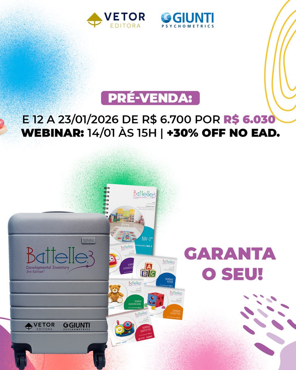 🧩 O BDI-3 (Battelle Developmental Inventory) está chegando! Uma bateria completa para avaliar o desenvolvimento na primeira infância. 

💻 Conheça tudo no webinar gratuito amanhã, 14/01 às 15h.
Inscreva-se: bit.ly/webinar-BDI3

Aproveite a pré-venda: vetor.short.gy/ms-pre-battelle