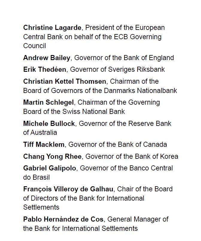 sentdefender's tweet photo. The Chairmans of the Central Banks in Australia, Brazil, Canada, Denmark, Europe, South Korea, Sweden, Switzerland, the United Kingdom have issued a massive and highly unusual statement of support for the Federal Reserve and Chair Jerome H. Powell, in the face of legal threats from the Justice Department under President Donald J. Trump.