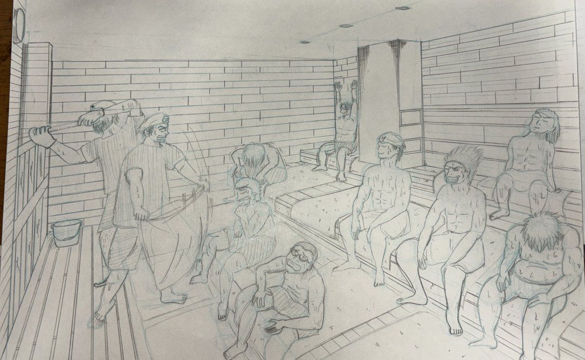 透視図法練習　下書き　終了
#サウナ　#背景　#透視図法
#漫画背景