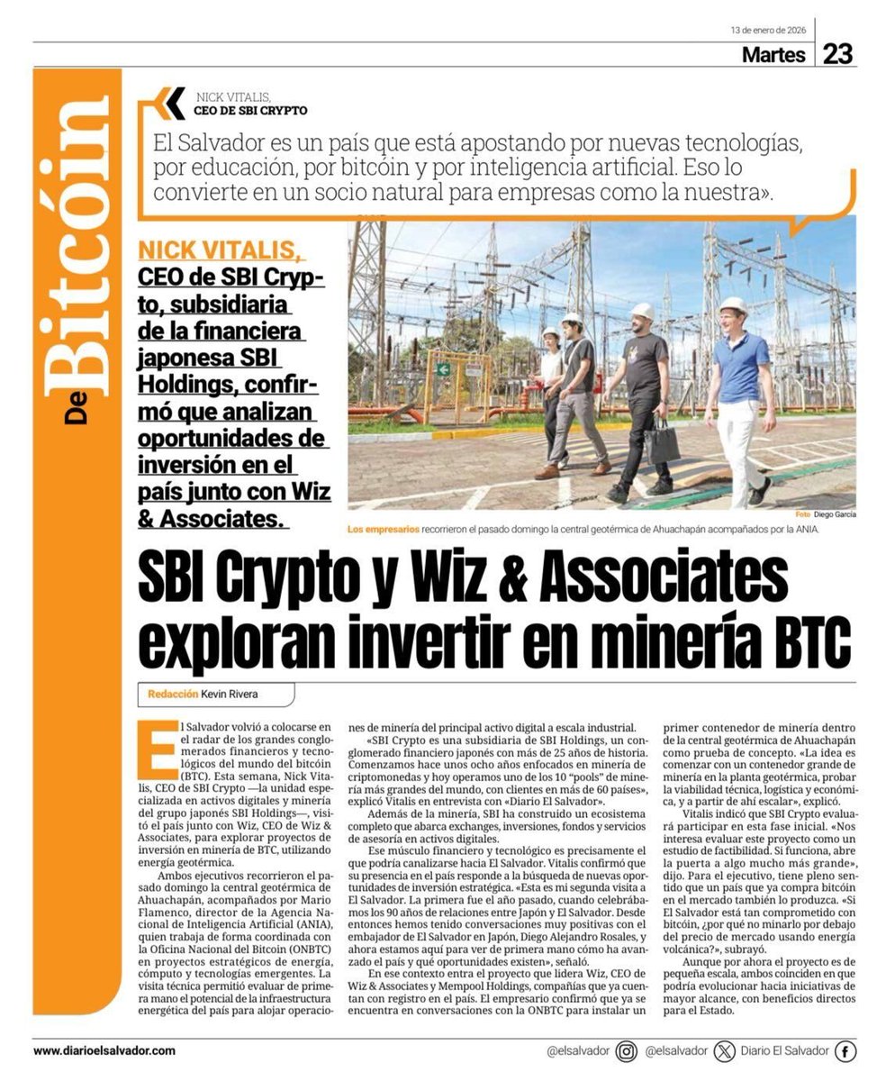Japan's SBI Crypto is teaming up with Wiz &amp; Associates to pilot geothermal Bitcoin mining at El Salvador's Ahuachapán volcano plant.