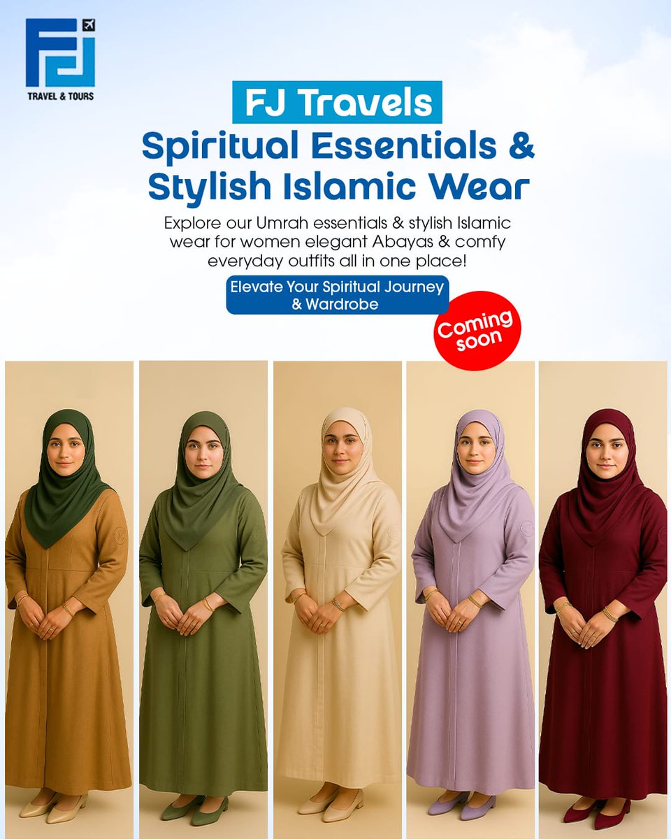 TravelsFj32725's tweet image. FJ Travels is coming soon!
Islamic Wear made for You.
Elegant Abayas • Modest Outfits • Travel Essentials — all in one place 💙

📍 Stay tuned for the launch!

📞 | 1-844-611-7835
📱 | 1782-800-0959
🌐 | fjtravels.com

#fjtravelandtours #umrahessentials #modestwear
