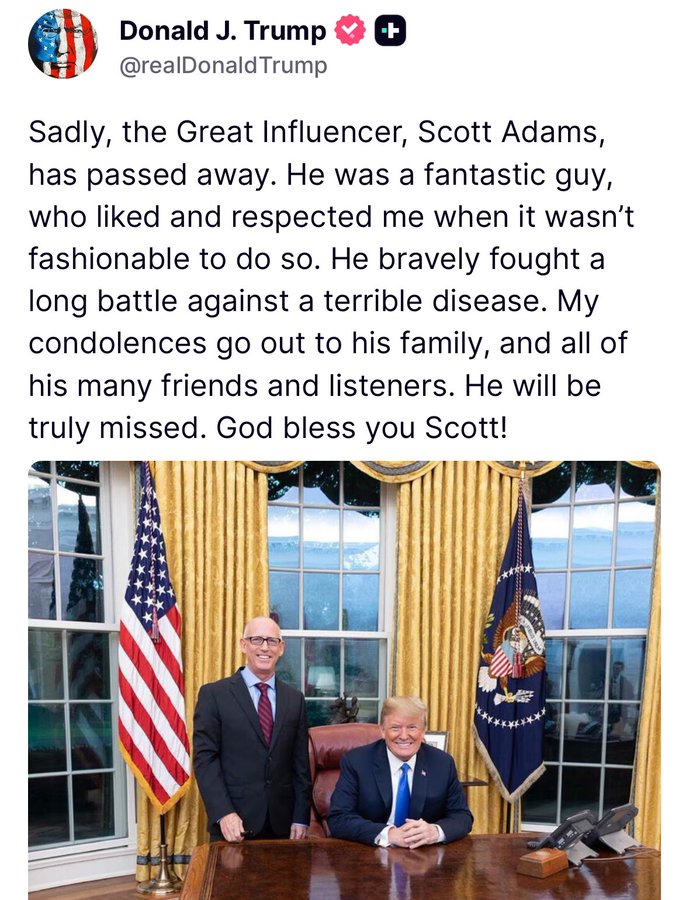 TrumpWarRoom's tweet photo. We will all miss the great @ScottAdamsSays. 🙏 https://t.co/W5PGfV24SD