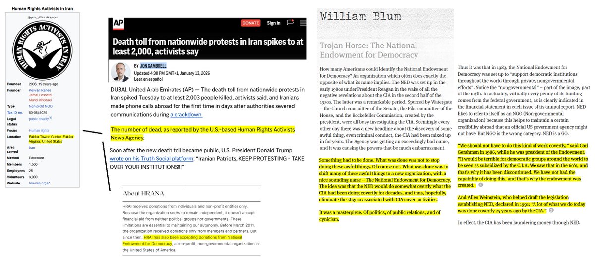 zei_squirrel's tweet image. BREAKING: The media class is going full babies in incubators atrocity propaganda now to launch the war on Iran. The AP is citing a new 2000 killed in Iran figure, and it's straight from a CIA-created and funded front. Then they go: Wow Trump posted a new threat right after!