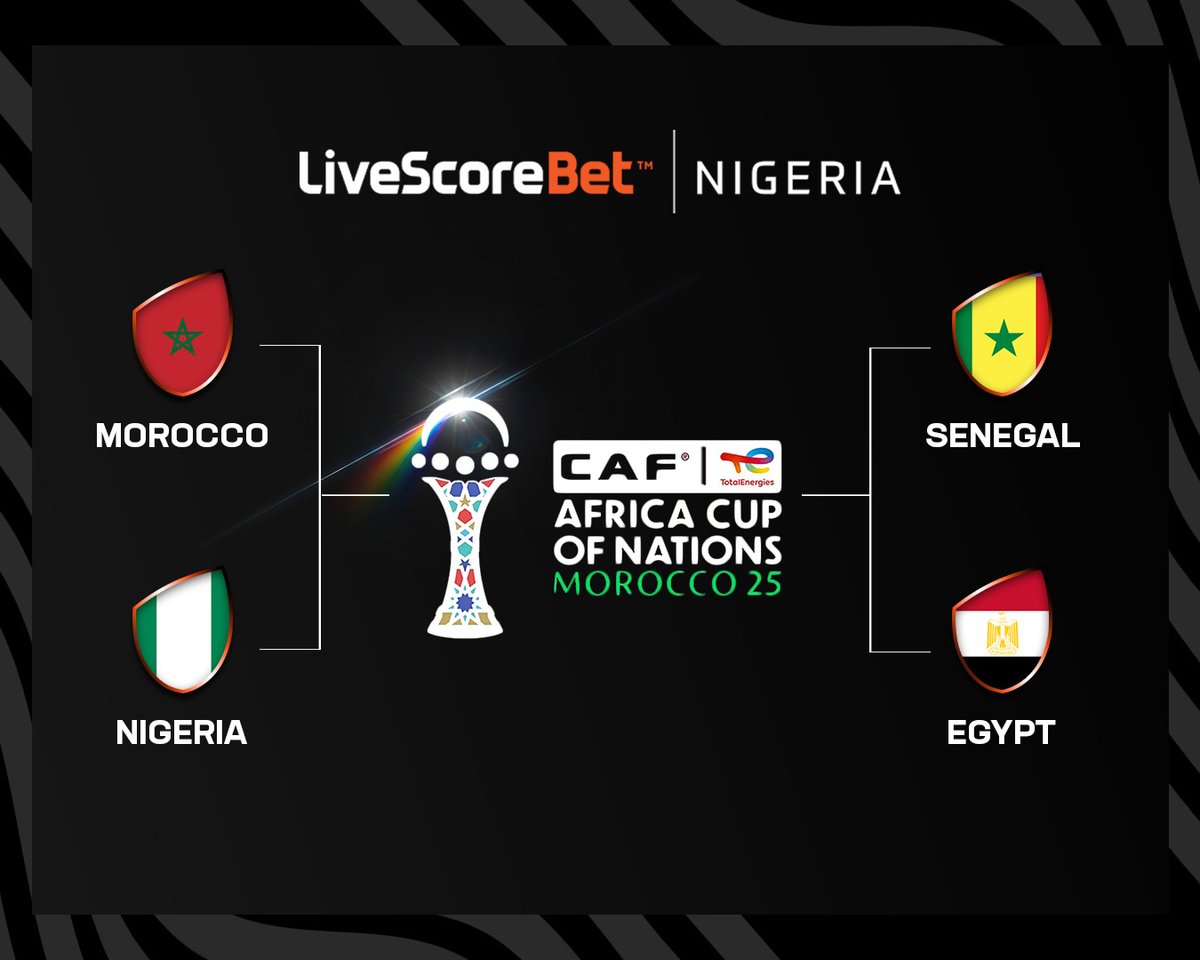 PulseSportsNG's tweet photo. AFCON Semi-Final is set.ย
Nigeria faces Morocco while Senegal faces Egypt.ย
Who's booking a spot in the final?ย
https://t.co/VbXBTUc4BE
@LivescorebetNG
#SponsoredPost #LiveScoreBet https://t.co/bdzD1XejFn