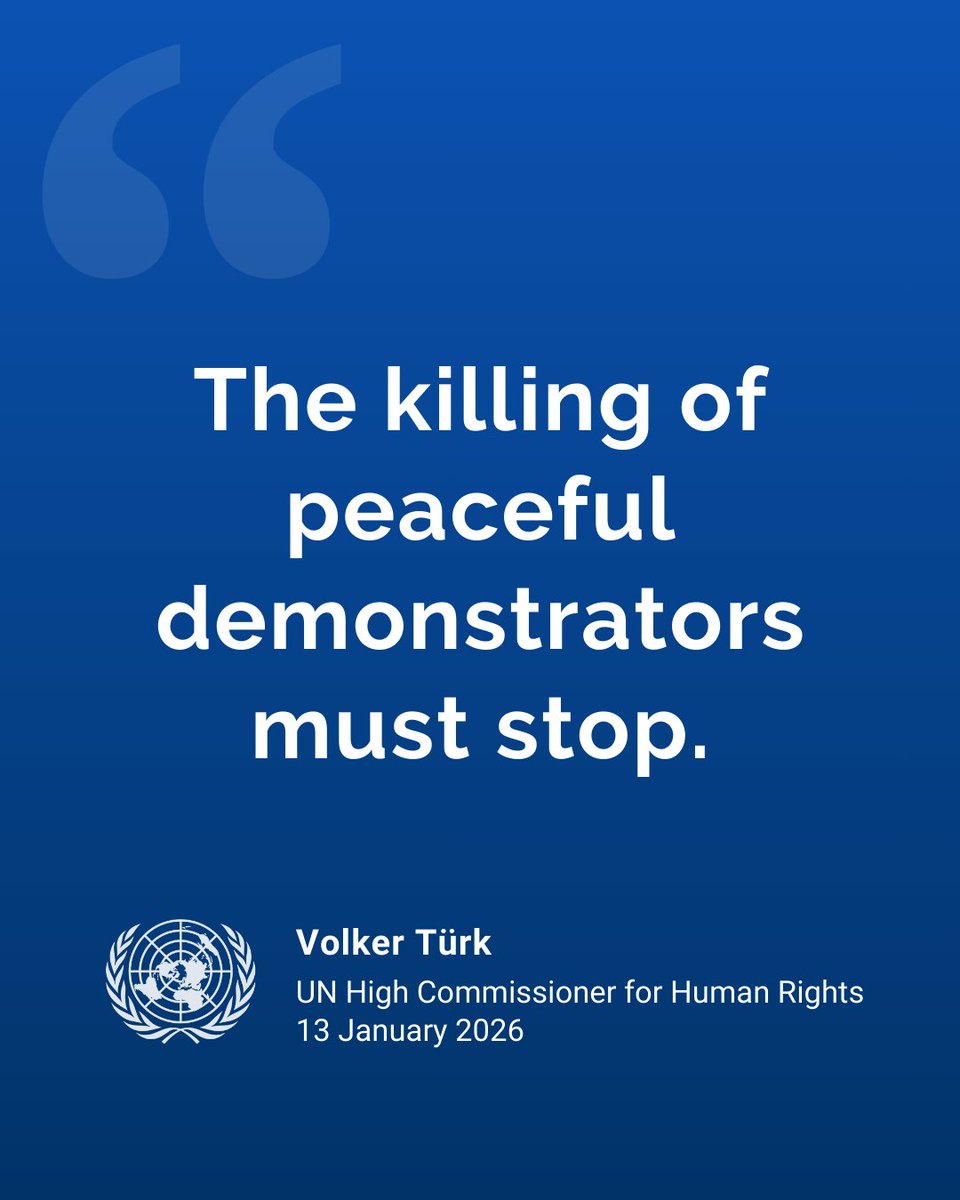 “The killing of peaceful demonstrators must stop, and the labelling of protesters as ‘terrorists’ to justify violence against them is unacceptable.”

<a href="/UNHumanRights/">UN Human Rights</a> chief <a href="/volker_turk/">Volker Türk</a> urges Iranian authorities to end violence &amp; calls for accountability. 
ohchr.org/en/press-relea…