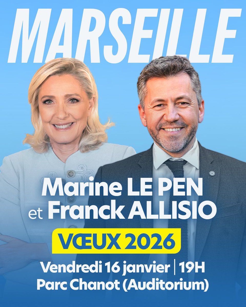 franckallisio's tweet image. 🔵⚪ Ce vendredi, j'aurai le plaisir de vous présenter mes vœux aux côtés de @MLP_officiel qui nous fera l'honneur et l'amitié de sa présence !

👉 A 19h, au Parc Chanot, inscrivez-vous ici : 
billetweb.fr/voeux-2026-de-…