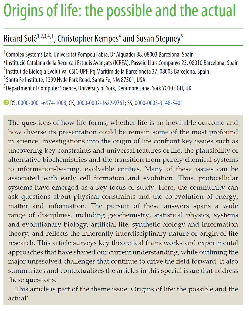 ISALstudents's tweet photo. 1/📢 Announcing our next ERA Journal Club session

📍Jan 24, 4:00 PM GMT on Discord: https://t.co/z5667BBLvr

Paper: “Origins of life: the possible and the actual” by @ricard_sole et al. Join us to explore fresh frameworks for #ALife and #Abiogenesis ! https://t.co/XlrIMEgaPT