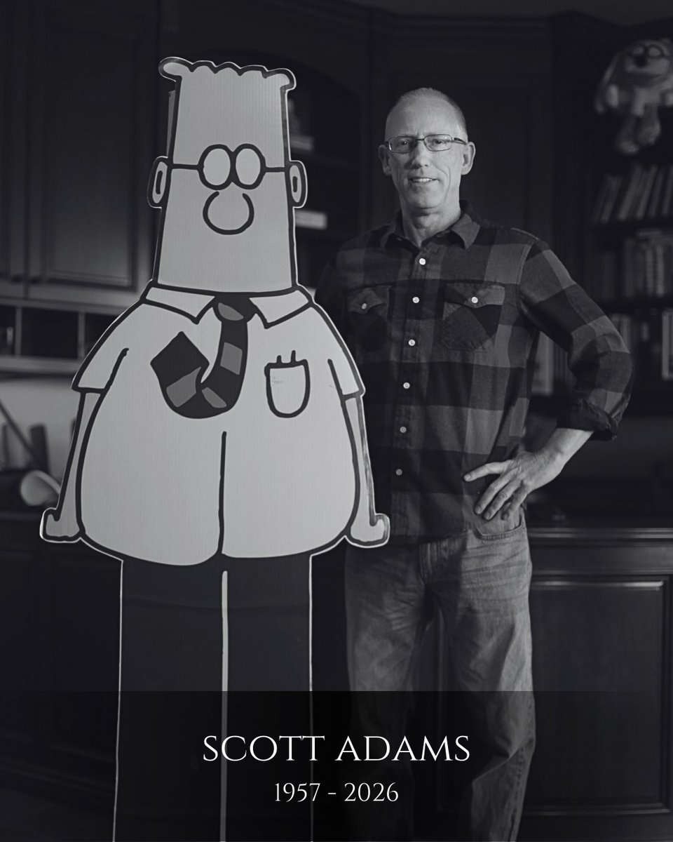 FoxNews's tweet image. 1957-2026: 'Dilbert' cartoonist Scott Adams has died at age 68 after battling prostate cancer.

Adams' former wife, Shelley Miles, told listeners on his podcast that "he's not with us anymore."