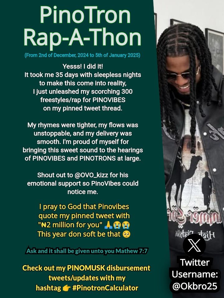 Okbro25's tweet image. And see me here dropping back to back freestyles for Pinovibes so he can notice me and help me with 100k. @Pinovibes #Pinovibes

Likewise dropping song for @twitgameboy Kolade, perhaps God will direct him to send me 100k.

I'm 29 sha. My account will enter 200k one day too Amen
