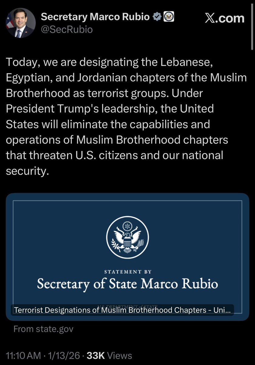 O Secretário de Estado americano, Marco Rubio, acaba de anunciar que os grupos da Irmandade Muçulmana no Líbano, Egito e Jordânia foram designados como grupos terroristas.

“Hoje, estamos designando os capítulos libanês, egípcio e jordaniano da Irmandade Muçulmana como grupos
