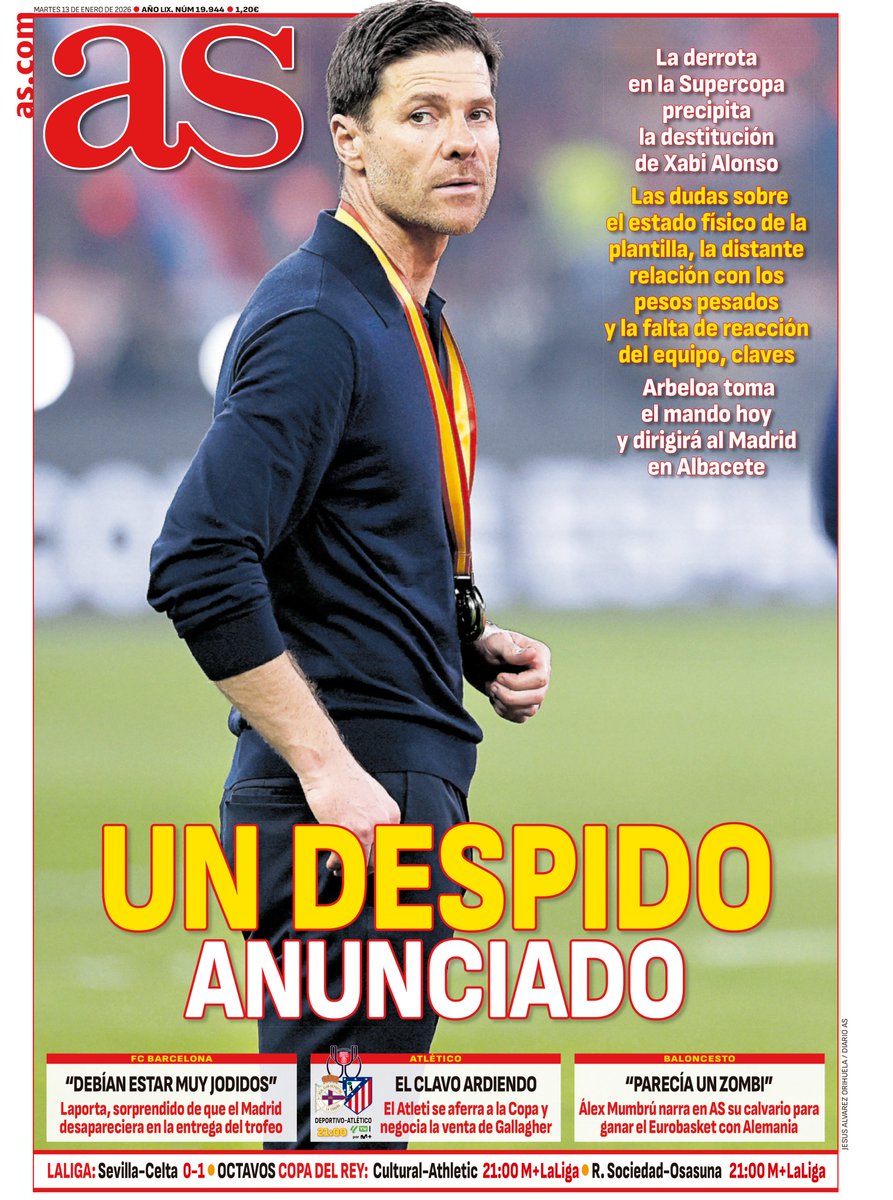 AsFoto_Orihuela's tweet photo. Foto de #Portada del @diarioas (13-01-26): Un despido anunciado 🗞📰 #portadaAS #XabiAlonso
・
・
・
#HalaMadrid #RMFans #RealMadrid #madridistas #RMCopa #SupercopaDeEspaña #sportphotography #football #soccer #fotografíadeportiva #cover #frontpage #fútbol #calcio #Canon #DiarioAS https://t.co/FpeV2lE5fA