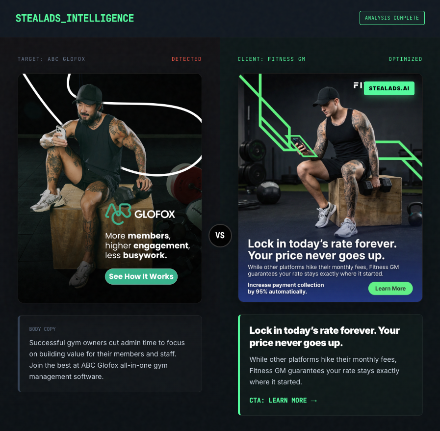 TheMattBerman's tweet photo. I built @StealAds for SaaS and DTC brands to steal their competitors best ads in 1 click.

How does it look? 👇 https://t.co/5kGdLlmI6E