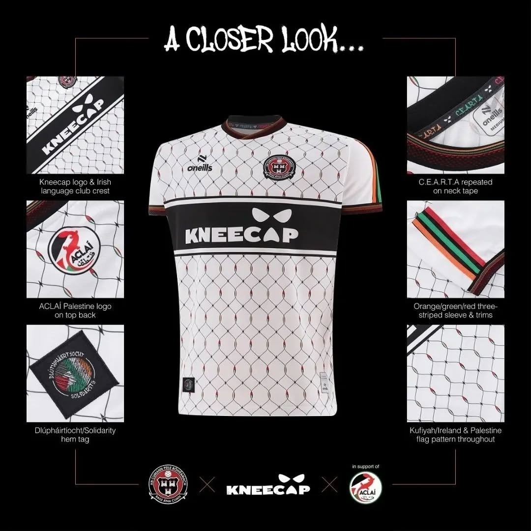 ultras_antifaa's tweet photo. Thirty percent of the profits from the sales of this special edition Bohemian Football Club (Ireland) x KNEECAP shirt will be donated to ACLAI Palestine, a community gym at the Lajee Center in the Aida refugee camp in Bethlehem, in the West Bank.  

Established in 1950, the camp is home to more than 5,000 Palestinian refugees whose families were displaced during the 1948 Nakba. Overlooked by at least six watchtowers, the camp is regularly targeted by Israeli attacks.