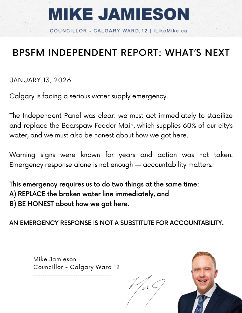 After the Bearspaw South Feedermain (BPSFM) Independent Report identified key factors leading to the water crisis, many of you are rightfully asking - what's next and what is Council doing?
#yyccc