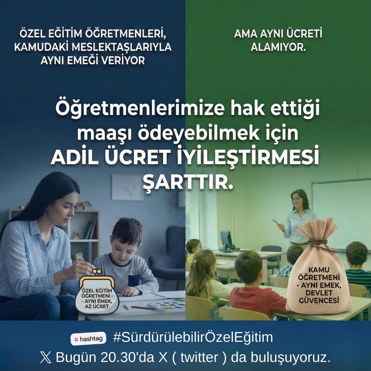 Eşit işe eşit hak istiyoruz. Özel eğitimciler görmezden gelinemez!
#SürdürülebilirÖzelEğitim
<a href="/RTErdogan/">Recep Tayyip Erdoğan</a> <a href="/EmineErdogan/">Emine Erdoğan</a> <a href="/cbsbb/">T.C. Cumhurbaşkanlığı Strateji ve Bütçe Başkanlığı</a> <a href="/tcmeb/">Millî Eğitim Bakanlığı</a> <a href="/tcailesosyal/">T.C. Aile ve Sosyal Hizmetler Bakanlığı</a> <a href="/HMBakanligi/">T.C. Hazine ve Maliye Bakanlığı</a> <a href="/memetsimsek/">Mehmet Simsek</a> @Yusuf_Tekin