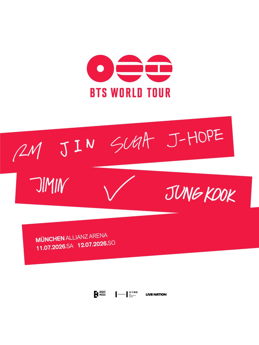 SAVE THE DATE! Die BTS WORLD TOUR kommt am 11. &amp; 12. Juli 2026 in die Allianz Arena.

Allgemeiner Vorverkaufsstart am Samstag, den 24. Januar, 13.00 Uhr 

BTSWORLDTOUROFFICIAL.COM

#방탄소년단 #BTS #BTS_WORLDTOUR #BTS_WORLDTOUR_MUNICH #BTS_WORLDTOUR_EUROPE