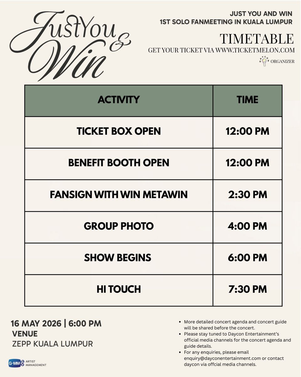 JUST YOU &amp; WIN 1ST SOLO FAN MEETING IN KUALA LUMPUR 💙

The wait is over.
The moment is real.
It’s finally JUST YOU and WIN.

Win Metawin is coming to Kuala Lumpur - Malaysia for his very first solo fan meeting, bringing an intimate night filled with smiles, laughter, close