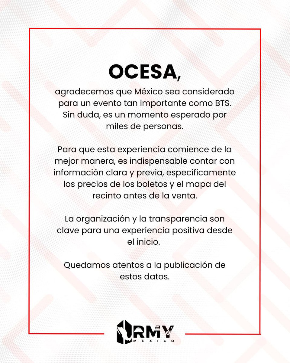 BTSARMY_MXCO's tweet image. Por favor, pedimos que se nos de a conocer el mapa y precios días antes de la primera preventa @ocesa_kpop 🙏🏻🙏🏻

#BTSComeback2026 #BTSTour2026

#BTSINMEXICO #BTSENMEXICO