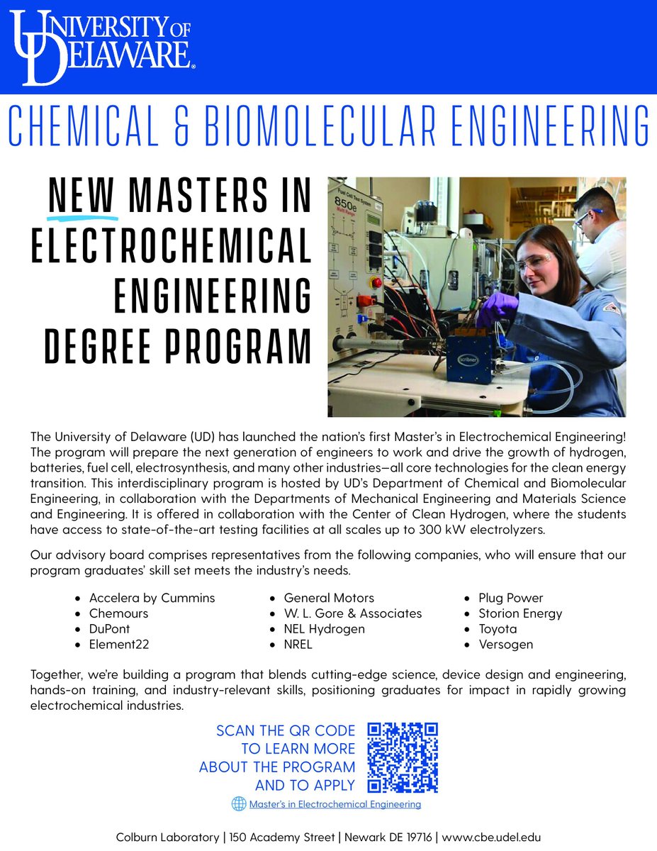 FC_Corridor's tweet photo. 🎓 New grad program: 

MS in Electrochemical Engineering at the University of Delaware, focused on hydrogen, batteries &amp; clean energy careers.

🔗 https://t.co/uRrsv2QAp2

#HydrogenCareers #Electrochemistry #OFCHC https://t.co/uKUSZ5b1sQ