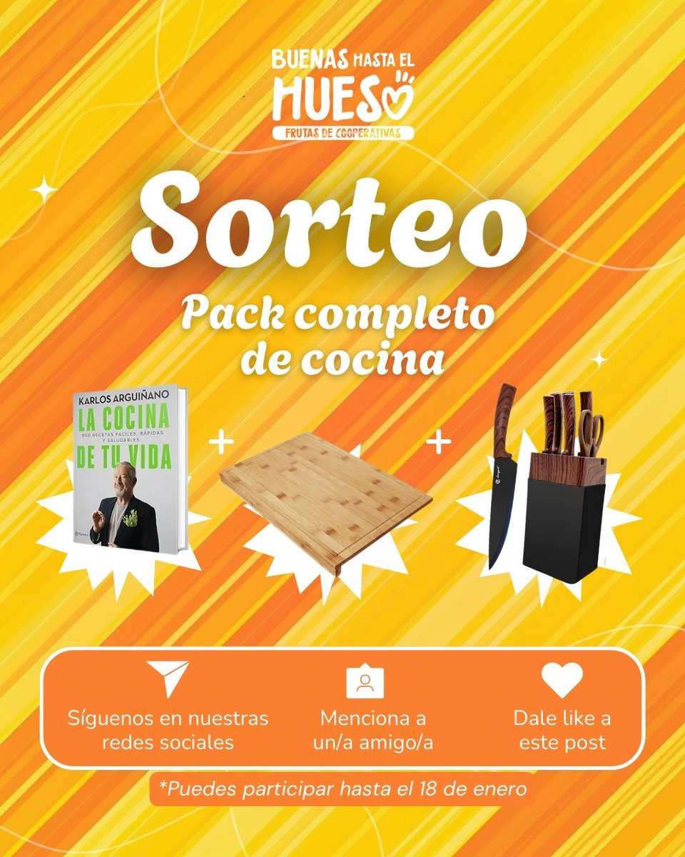 #SORTEO 
PACK COMPLETO DE COCINA👇
📘 Libro de recetas de Karlos Arguiñano
🔪 Juego de cuchillos
🌱 Tabla de cocina

Perfecto para darle caña a recetas saludables y disfrutar más 😋
Participa:
1️⃣ Síguenos en redes
2️⃣ Dale❤️a esta publicación
3️⃣ Comenta con quién lo compartirías