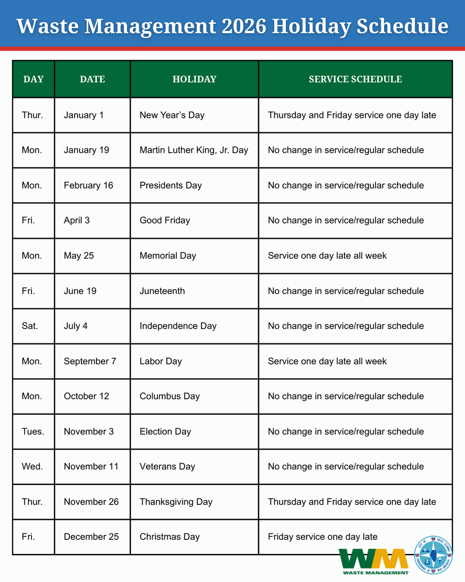 Planning ahead for the holidays? We've got the 2026 Waste Management schedule ready for you. Questions about your specific pickup day? Call Waste Management at 815-280-7854