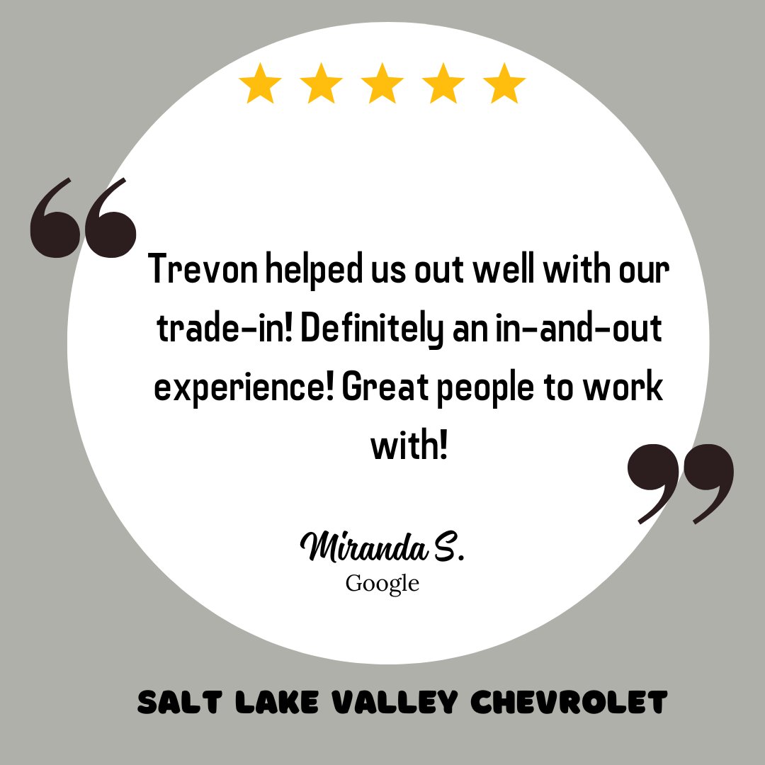 SLVChevy's tweet image. Thank you, Miranda! We appreciate your kind words about Trevon and are thrilled to hear that your trade-in experience at Salt Lake Valley Chevrolet was smooth and enjoyable. Our team strives to provide excellent service, and we hope to see you again soon!