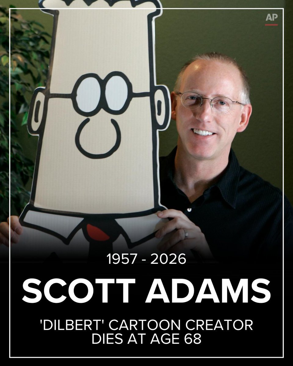 Scott Adams, the creator of the "Dilbert" comic strip, has died at age 68 -> wgrz.com/article/news/n…

(AP Photo/Marcio Jose Sanchez, File)