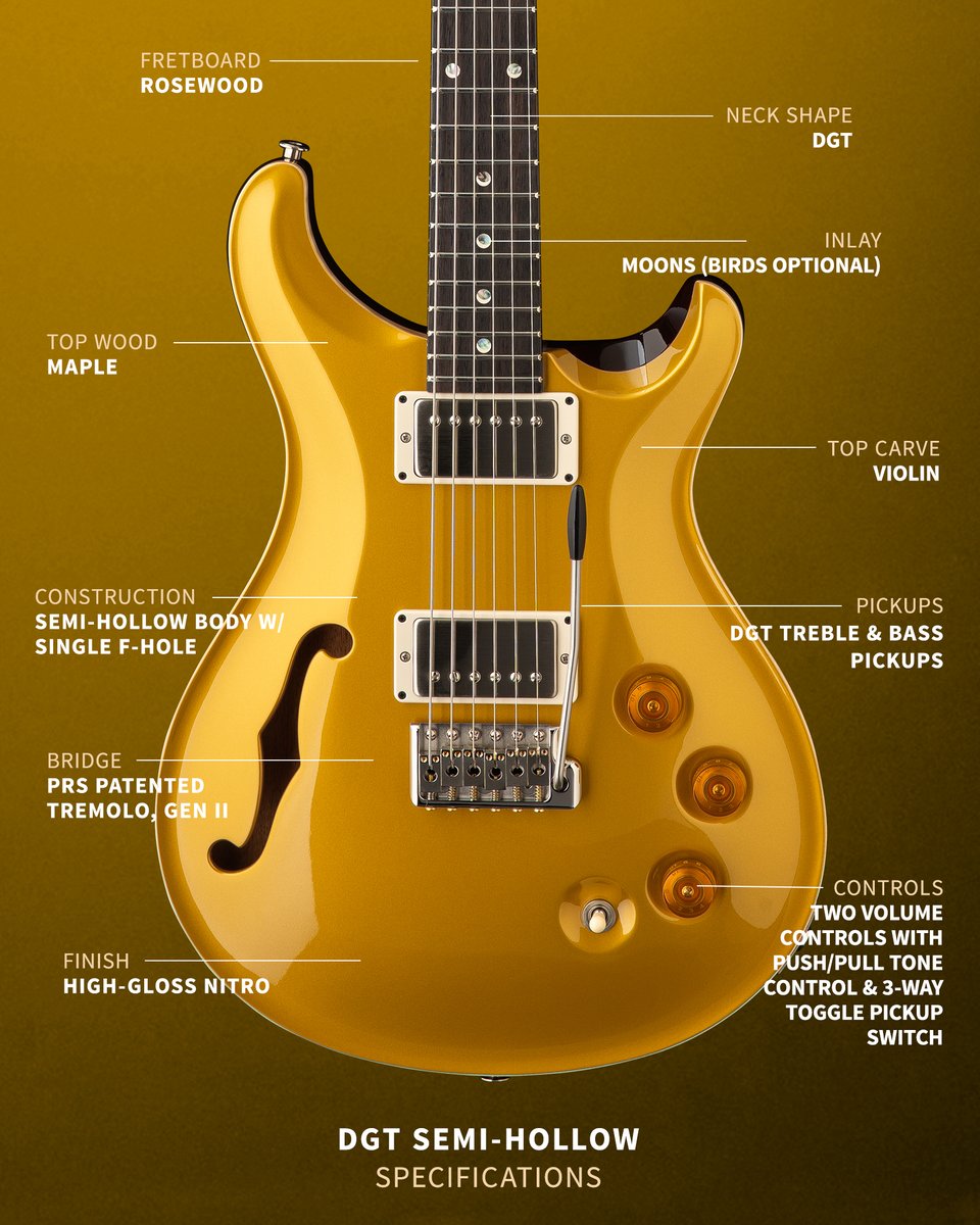 prsguitars's tweet image. After a couple successful limited runs, the DGT Semi-Hollow is officially being added to the PRS Core lineup! This new model offers the unique character of a semi-hollow body while carrying over the features you know and love from the Core DGT.