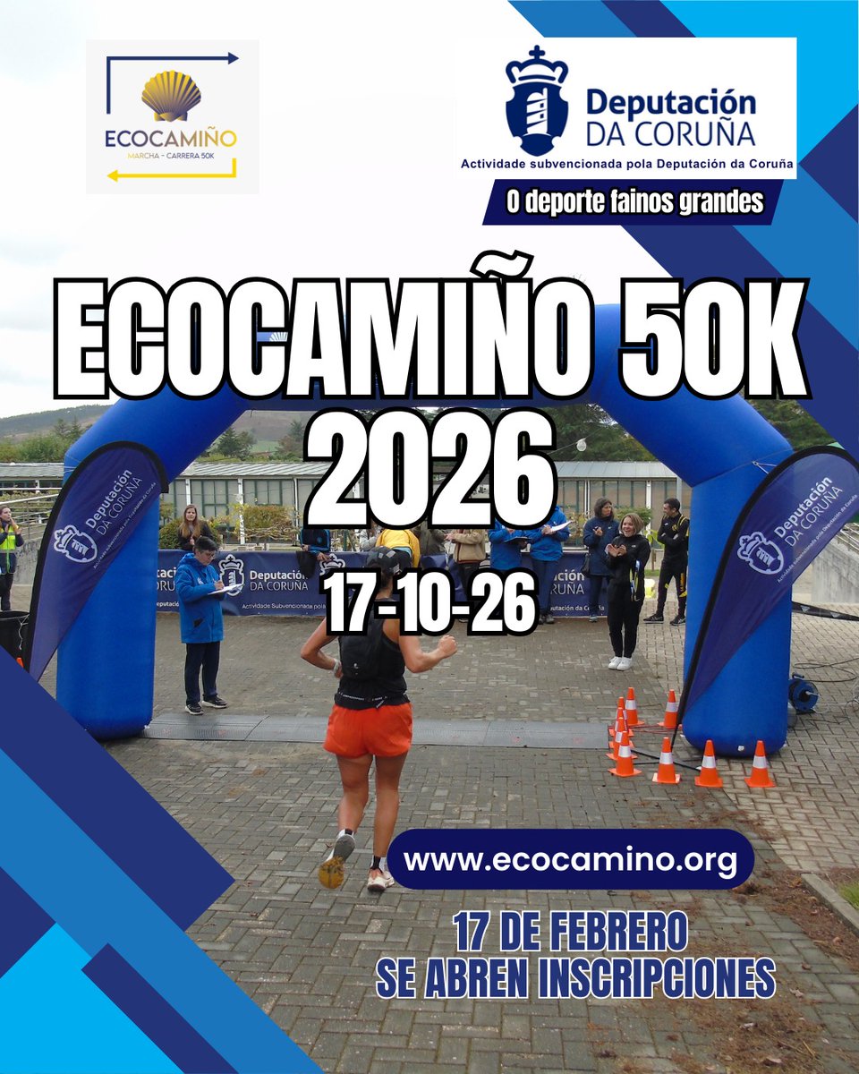 Ecocamiño 50k será el 17 de octubre de 2026👏🏻🏃🏻‍♀️

Inscripciones a partir del 17 de febrero ➡️ ecocamino.org

#deputaciondacoruña
#ecodeporte
#ecocamino #carrera