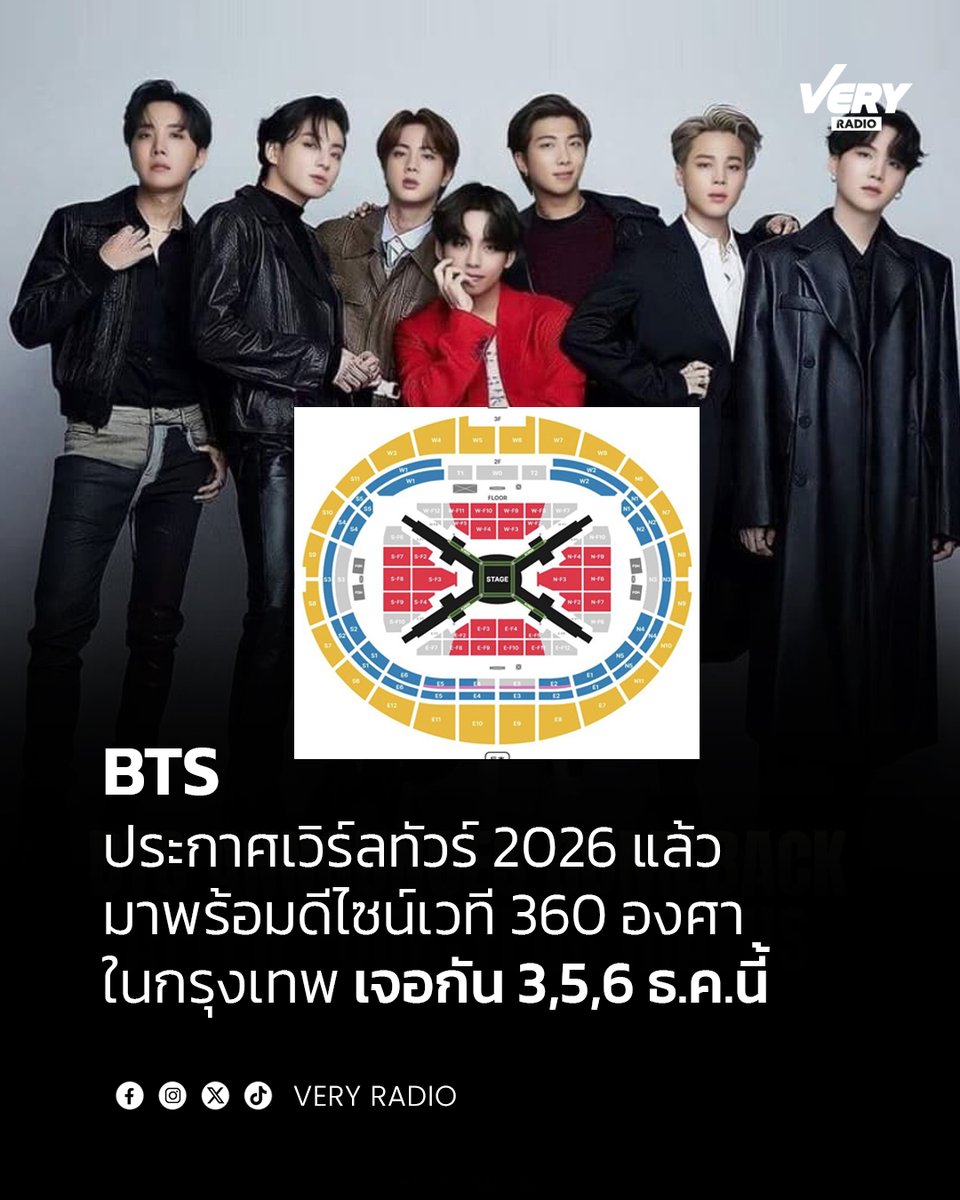 VERYRADIO's tweet photo. BTS ประกาศตาราง "World Tour" อย่างเป็นทางการแล้ว ในไทย ปักหมุด วันที่ 3, 5, 6 ธ.ค.นี้ ในเกาหลีใต้เปิดผังออกมาแล้ว เป็นเวทีแบบ 360 องศา ให้แฟนเพลงล้อมรอบ แต่ไม่แน่ใจว่าโปรดักชั่นนี้ใช้กับทุกประเทศหรือไม่ ต้องติดตามประกาศของไทยเร็วๆนี้

#VeryRadio #BTSARMY 
#BTSLiveInBangkok2026 https://t.co/kLVmgyPWLg