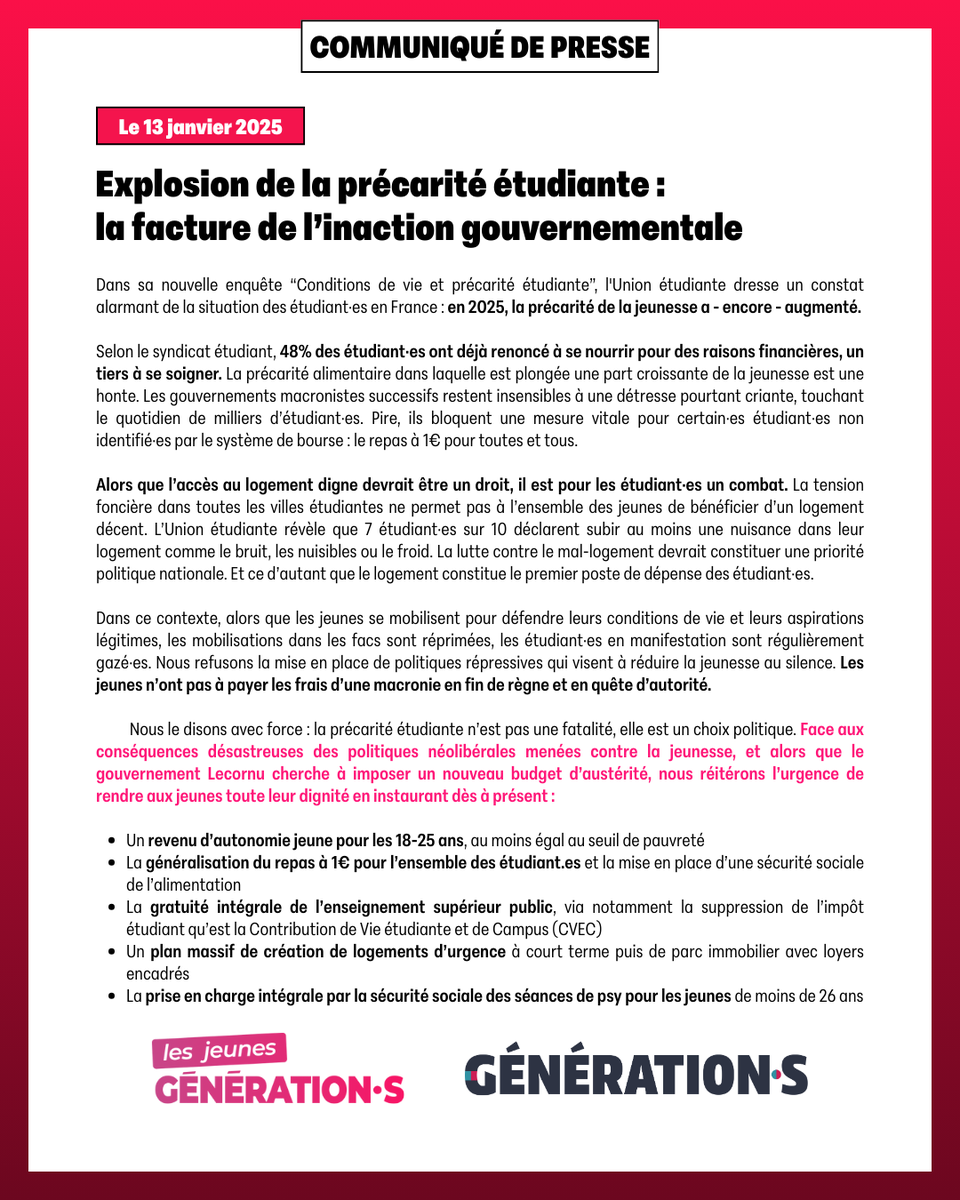 GenerationsMvt's tweet photo. Explosion de la précarité étudiante : la facture de l’inaction gouvernementale !

Communiqué commun de Génération·s et @LesJeunesG https://t.co/YNfVvK1Zos