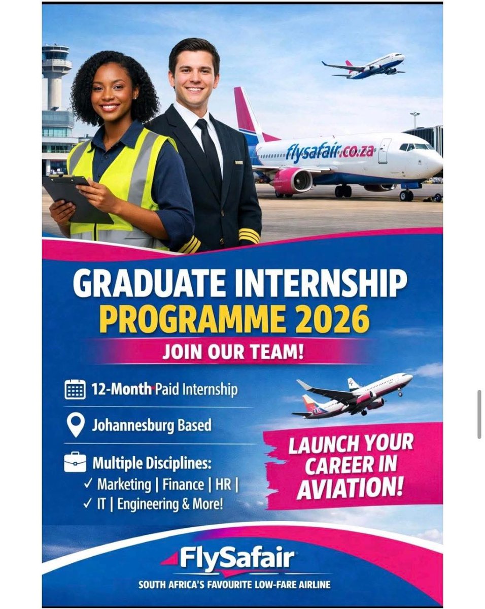 CarolBoitumelo1's tweet photo. FlySafair is recruiting Graduate Interns in the following disciplines:

Marketing, Finance, HR Communications, Software Testing, Web Design, Procurement, Airport & Flight Operations, Asset Management, Employee Relations, Remuneration & Benefits, Industrial Engineering, Psychometrist, OHS&E

Apply here: https://t.co/DJp2ZiHhot