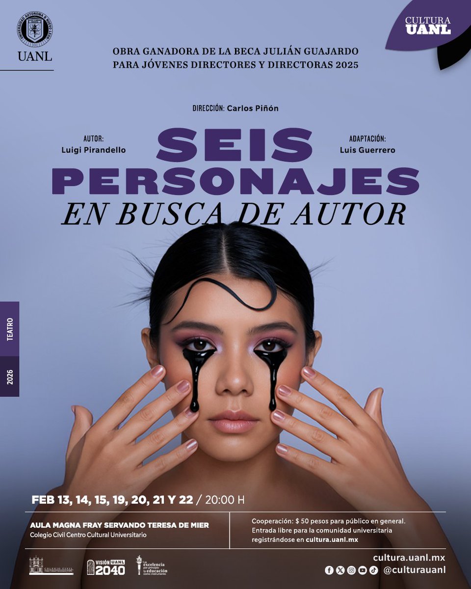 En el mes de febrero tendremos funciones de la obra "Seis personajes en busca de autor", una adaptación de Luis Guerrero.
Sus presentaciones serán en el  Aula Magna Fray Servando Teresa de Mier a las 20:00 horas.
