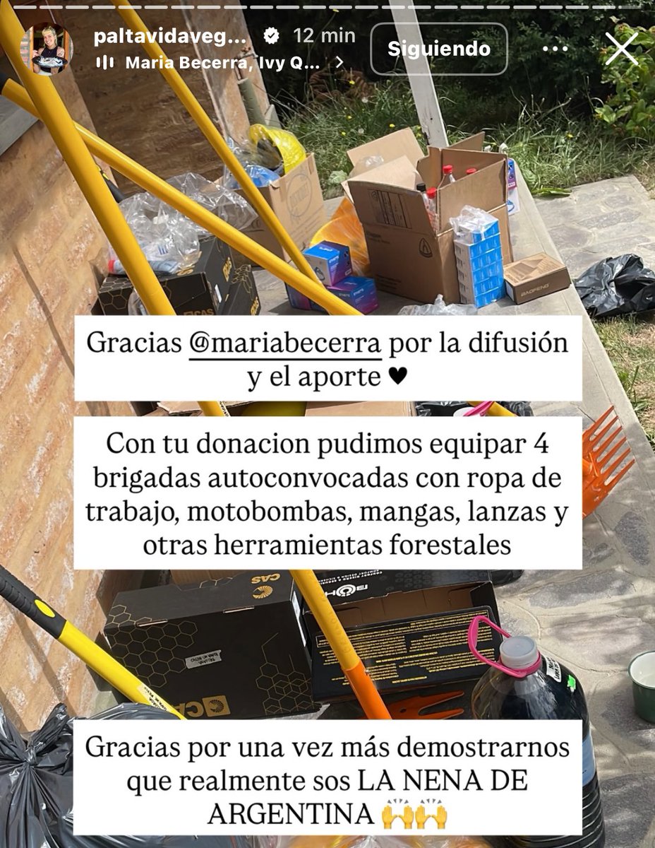 BecerraNotice's tweet image. Maria Becerra ha donado nuevamente herramientas para la Patagonia, la cuál ha sufrido un incendio forestal que dejó a miles de personas sin hogar, comida, ropa, entre otras. 🥹🤍

— Con su donación de herramientas forestales, han podido ayudar a frenar los incendios.