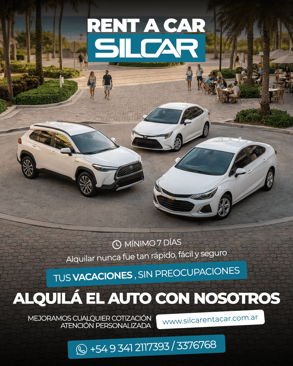 🧳TUS VACACIONES, SIN PREOCUPACIONES🏖️⛰️
🚗ALQUILÁ EL AUTO CON NOSOTROS🛻

📲CONSULTANOS: 54 341 2117393 / 3376768
 💻 silcarentacar.com.ar
⚠️Alquiler mínimo 7 Días.
✔️ Rápido.

✔️ Fácil.
✔️ Seguro.
 📍 Mitre 190 – Rosario – Santa Fe – Argentina
 📞 54 341 4412020