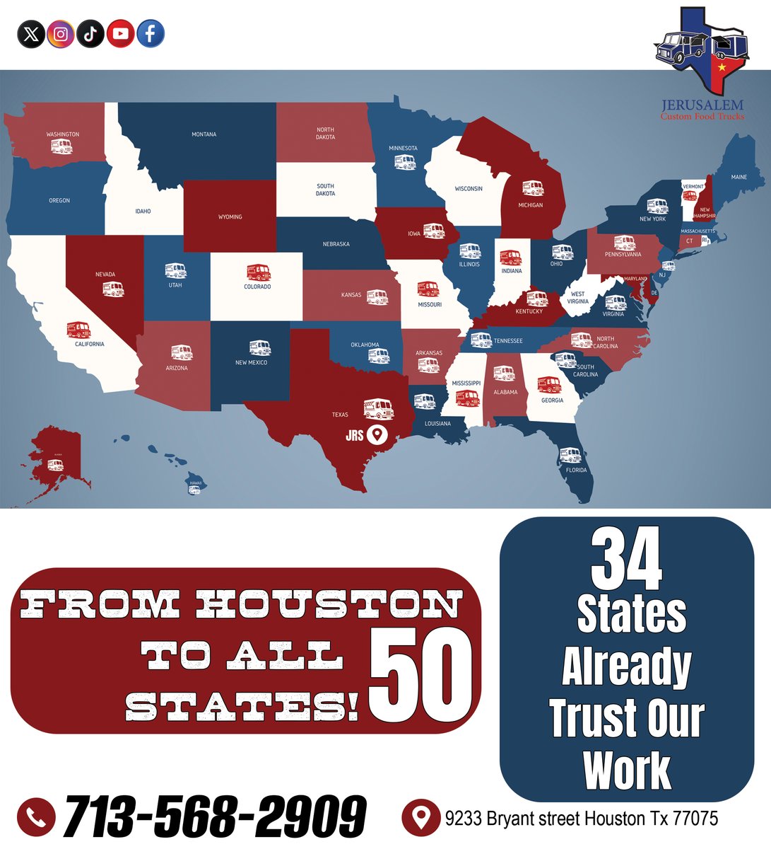 34 states served — and counting. 📷
We build custom food trucks and trailers delivered nationwide, with inspection-ready standards that meet requirements across all 50 U.S. states. 📷
📷713-568-2909
📷 sales@jrscustom.com
📷9233 Bryant street Houston, TX 77075
#foodtrucks