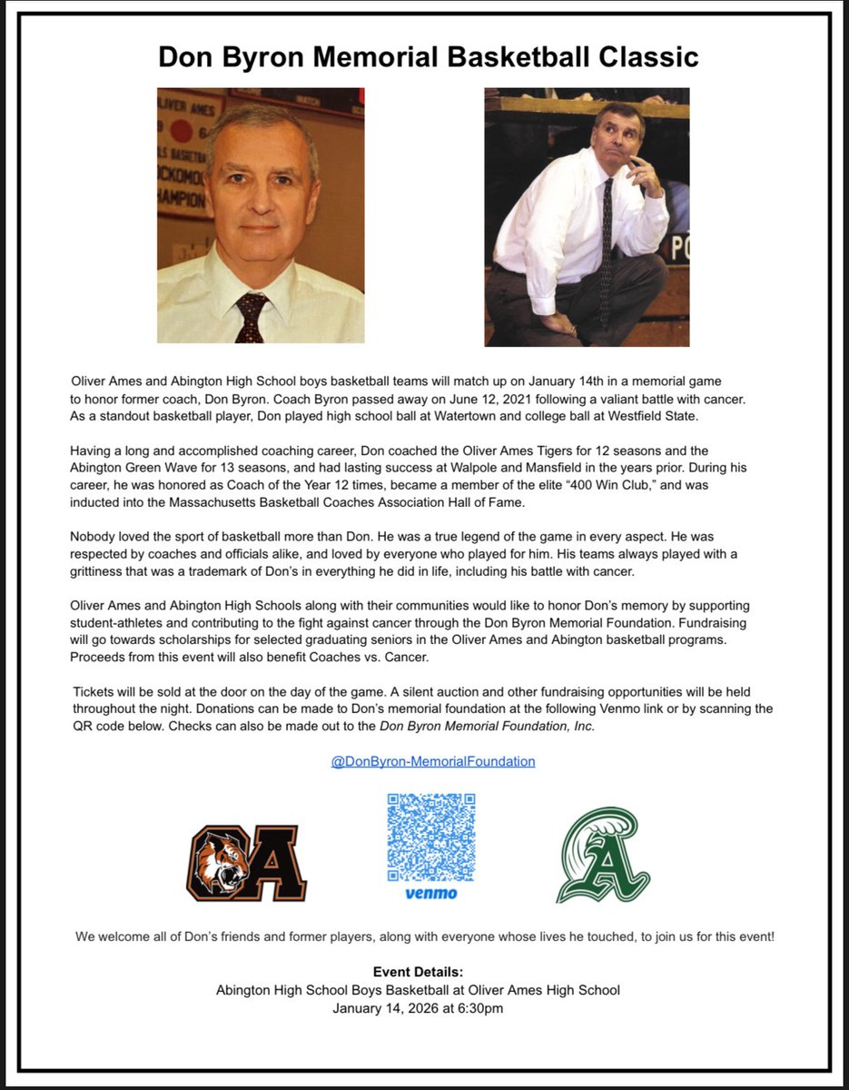 AbingtonAD's tweet image. Boys Basketball will play in the annual Don Byron Memorial Game tomorrow (Wednesday) AT Oliver Ames.   There will be raffle and silent auction items to benefit the Coaches vs. Cancer &amp;amp; a scholarship for graduating seniors.