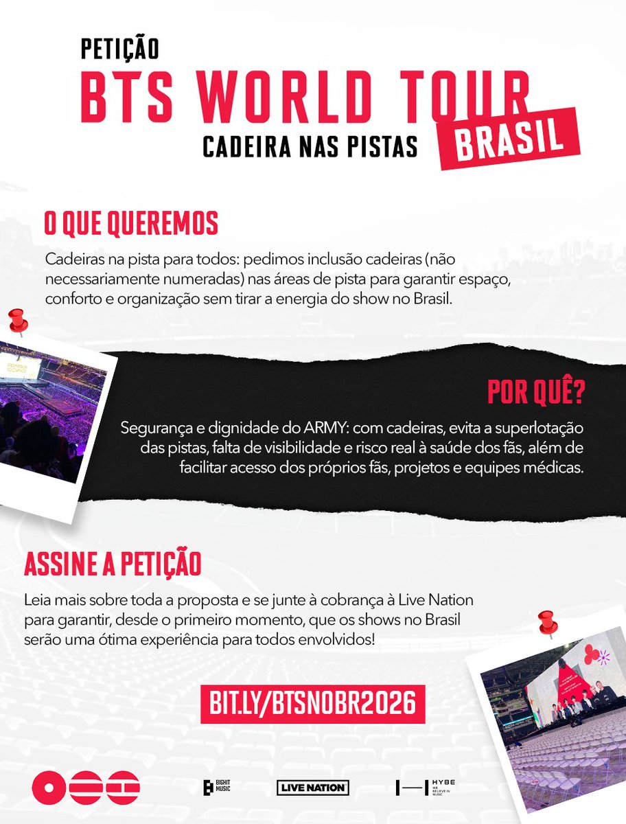 BARMYSTREAM's tweet image. 🔴 BTS 2026 WORLD TOUR BRASIL — PETIÇÃO: CADEIRA NAS PISTAS

B-ARMY! Visando a segurança e conforto dos fãs para todos os shows do BTS no Brasil, iniciamos essa petição para que a Live Nation inclua cadeiras em todos os setores de pista, bem como reforce medidas de segurança e…