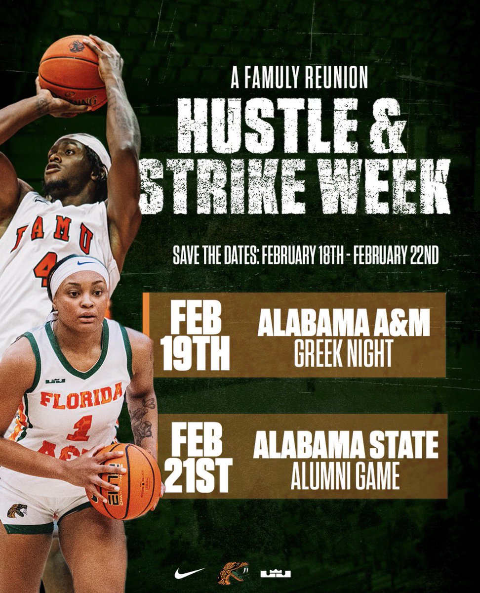 🗓️ SAVE THE DATE — RATTLER NATION 🐍

Get ready for Hustle &amp; Strike Week as the Rattlers welcome familiar foes and celebrate tradition, pride, and family.

📅 February 18–22

🔥 Feb. 19
🏀 vs. Alabama A&amp;M
🎓 Greek Night

🔥 Feb. 21
🏀 vs. Alabama State
🎉 Alumni Game

#FangsUp