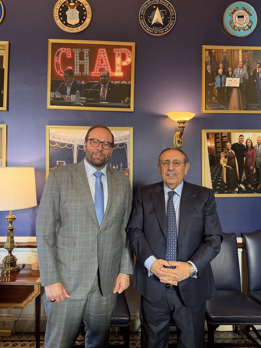youamrani's tweet photo. On the eve of his upcoming visit to Morocco, I had a productive meeting with @RepJasonSmith, Chairman of @WaysandMeansGOP, advancing a historic alliance and an FTA that continues to deliver. From trade and food security to shared prosperity, this partnership works for the people of #Morocco and the #UnitedStates.
