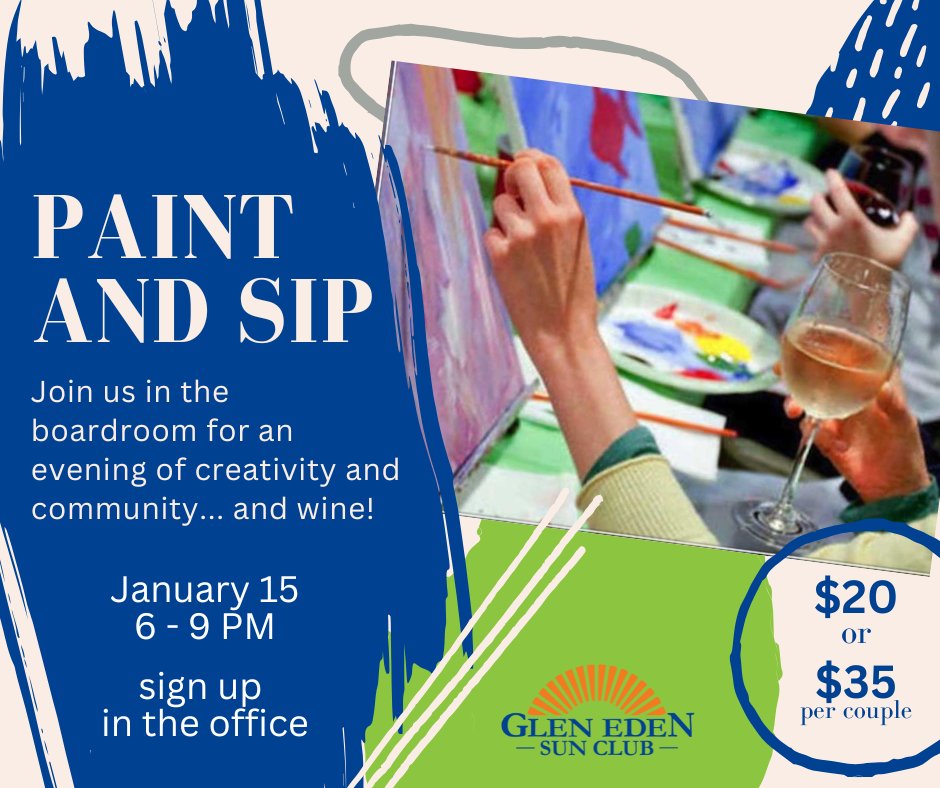 GlenEdenSunClub's tweet image. 🎨🍷 Paint &amp;amp; Sip Night at Glen Eden!
Relax, get creative, and enjoy a fun winter evening with friends (and wine) in our clothing free community.

🗓 Jan 15 | 🕕 6–9 PM
💲 $20 | $35 per couple
✍️ Sign up in the office

#GlenEden #PaintAndSip #NaturistCommunity #ClothingFreeLife