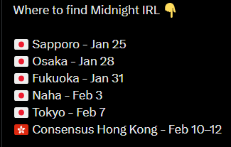 Victorassh's tweet photo. Midnight invites you to meetings in Japan and Hong Kong
Sponsored by: @IOGroup  

Registration is open on the official website👇
https://t.co/Aq3YgZigYZ

@MidnightNtwrk