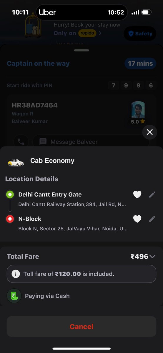 आज शाम से <a href="/rapidobikeapp/">Rapido</a> एक कैब बुक की. कॉल किया बलवीर (ड्राइवर) ने उठाया नहीं. 
फिर मैसेज किया कि टोल का अलग का पैसा लगेगा. 

मैंने कहा कि टोल का पैसा इंक्लूड है. फिर फ़ोन उठाना बंद कर दिया. मैं कैब के पास गई उन्होंने मेरे पैर पर गाड़ी चढ़ाई और निकल गए. 

उसके बाद मैंने कॉल किया